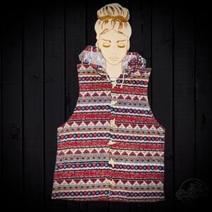 Vintage Aztec Tribal Print Hooded Vest with Wooden toggles for Christmas Holiday